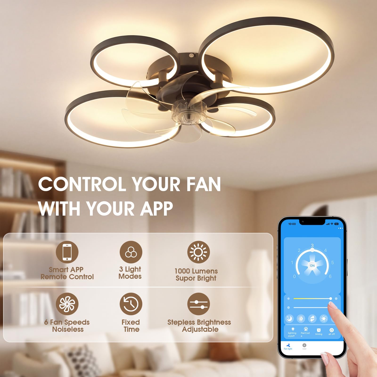 NIORSUN 78CM Deckenleuchte mit Ventilator, LED, dimmbar, Fernbedienung, App, 6-Gang, Timer, Schwarz