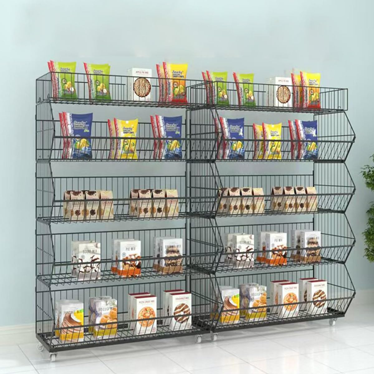 Espositore a 5 Ripiani in Filo Metallico con Ruote - Espositore per Snack Resistente per la Vendita al Dettaglio di Frutta e Verdura