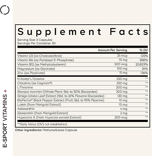 Miniatura 2 de Codeage E-Sport Vitamins+ Citicoline Cognizin, Bacopa Monnieri Supplement, Multivitamins, Astaxanthin, L-Theanine, Ginkgo Biloba, Acetyl-L-Tyrosine,