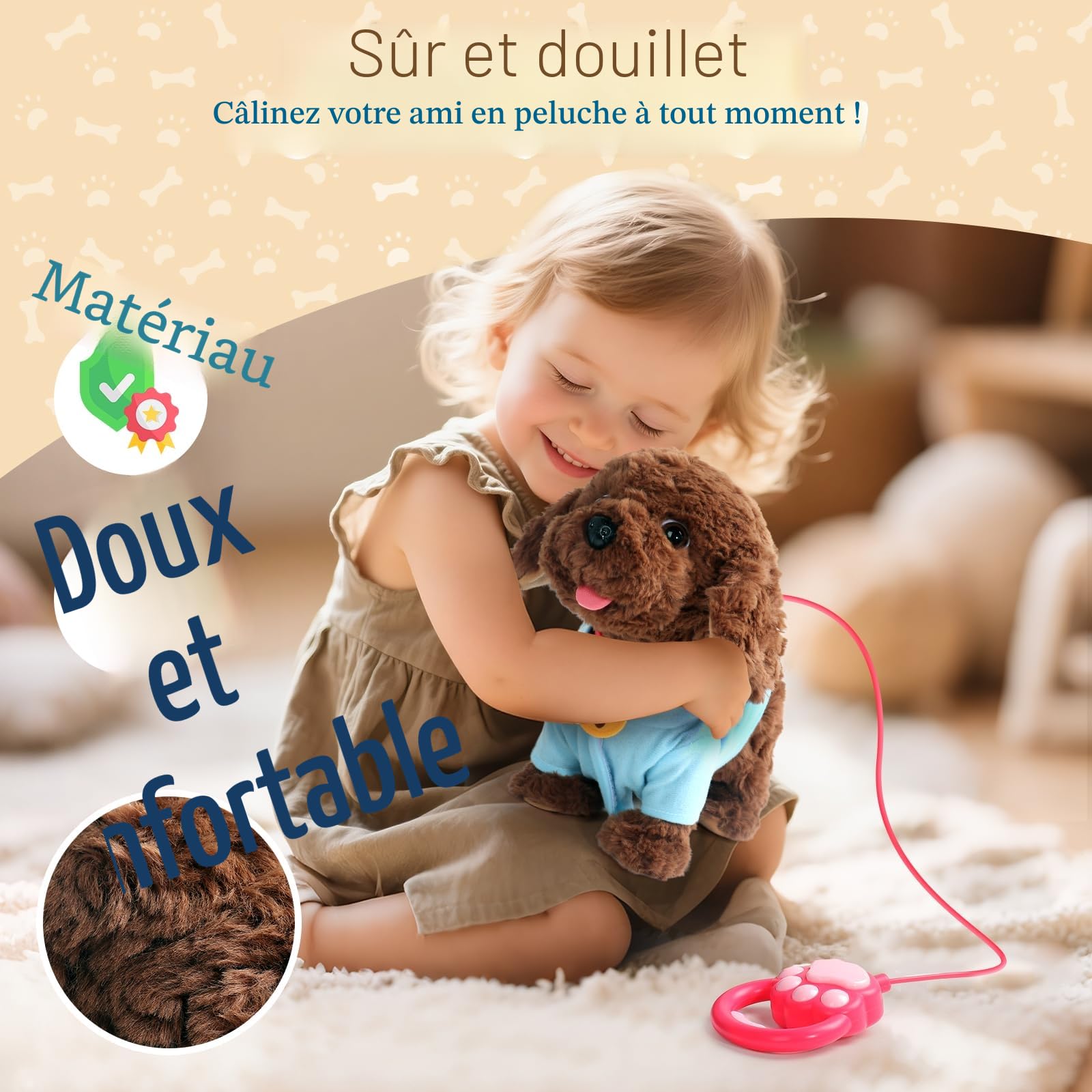 jerryvon Chien Interactif avec Laisse, Chien en Peluche Qui Marche et Aboie, Jouet Chien Robot avec Musique et Répétition Vocale, Cadeau Fille Garçon dès 2 Ans