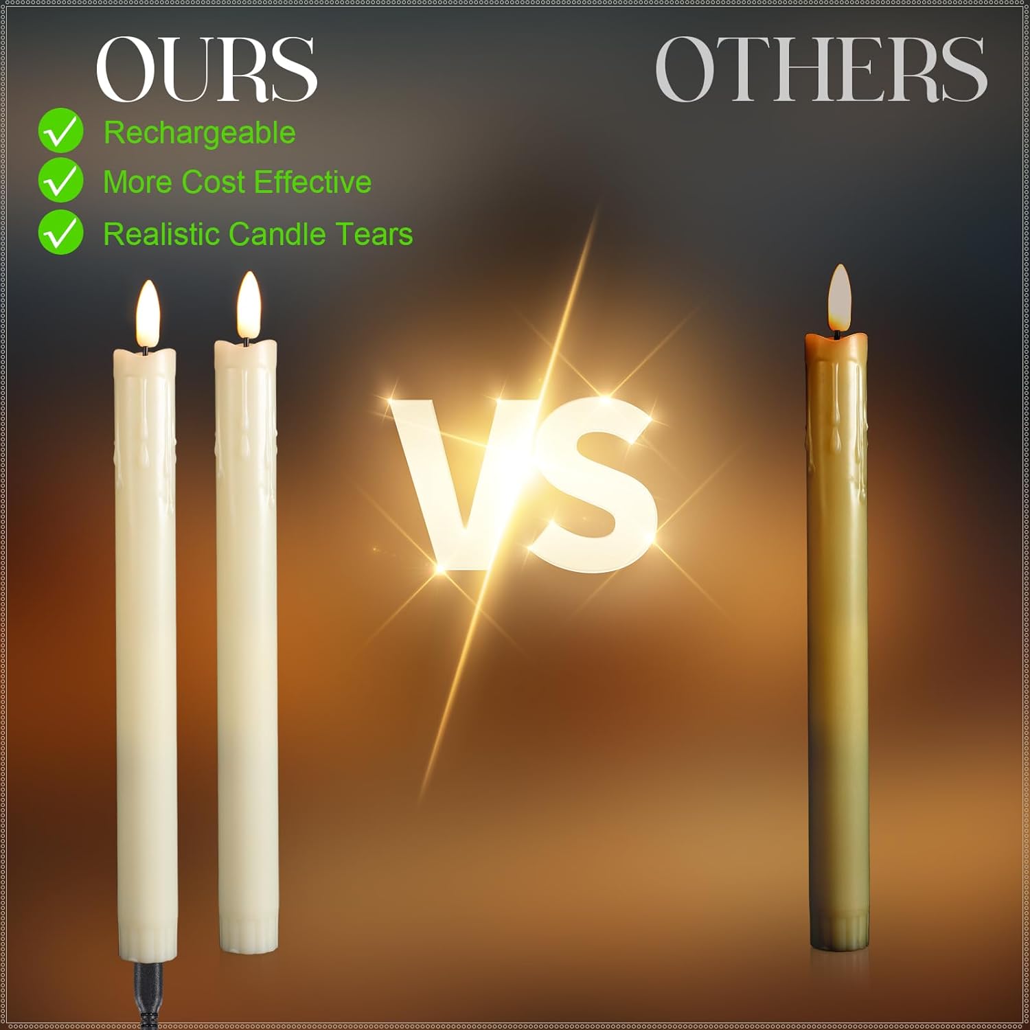 Retisee 4 Sets Rechargeable Flameless Taper Candles with Remote and Timer 9.8 Battery Operated Flickering Pillar Candles LED Dripless Wax Candlesticks for Christmas Home Window Fireplace