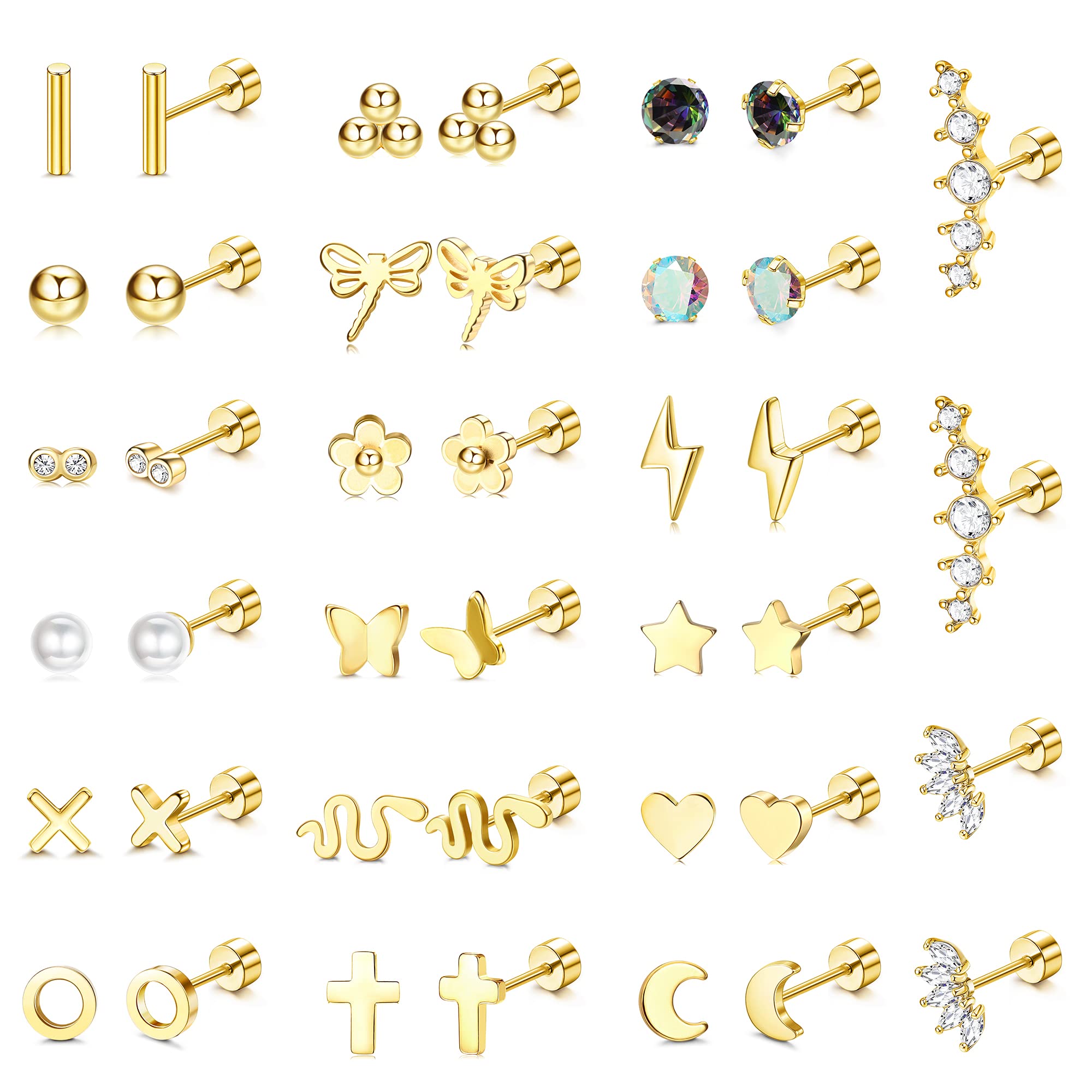 Kakonia20 pares de aretes de tuerca para mujeres y hombres, 20 G, acero inoxidable, pequeños aretes de tuerca de cartlidge, juego de aretes pequeños de serpiente, estrella, luna y bola