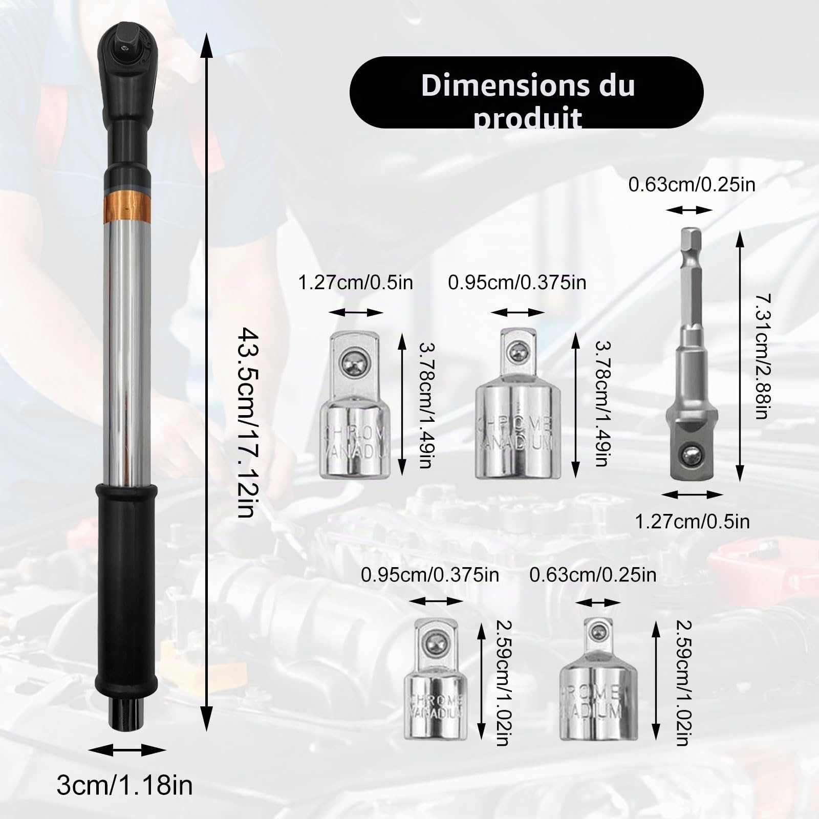 Clé de prolongation pour perceuses, Clé à molette décalée, Clé à cliquet électrique, Clé à vis à chaîne (Avec 5 adaptateurs)