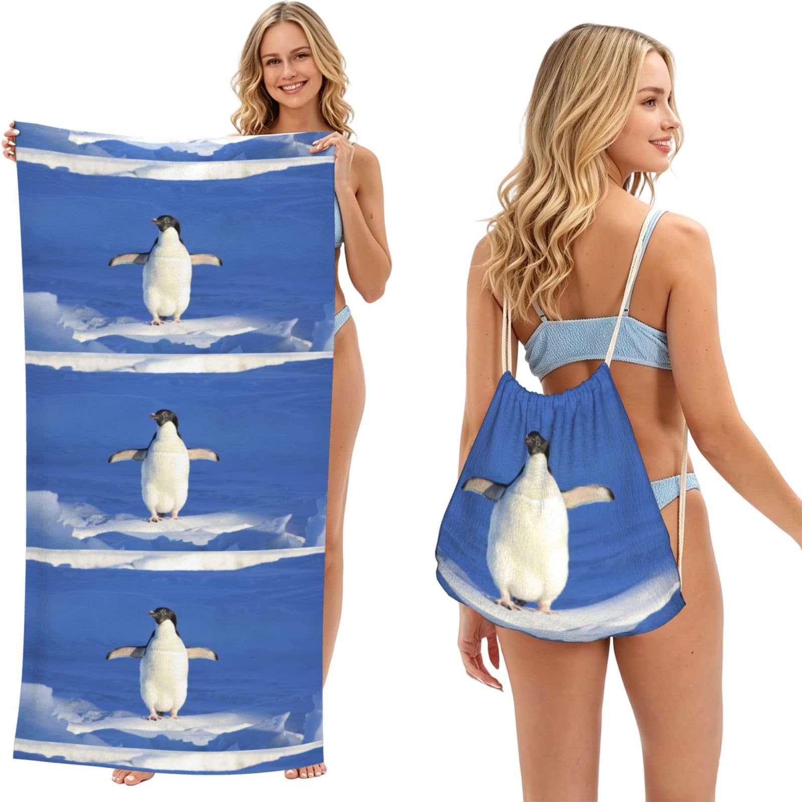 Poadnly As Picture Penguin, 2 In 1 Packable Towel Bag, Beach Towels With Drawstring Backpack For Travel Holiday Camping