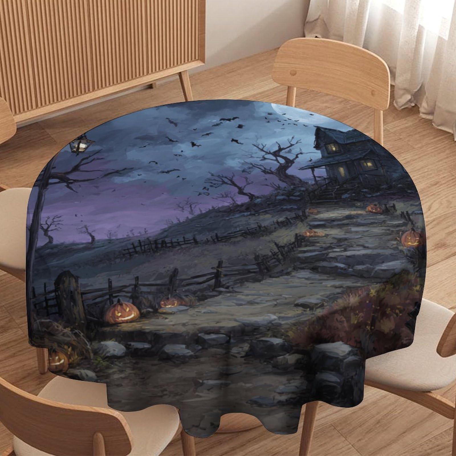 Luyysky Classic Gothic Scare House Waterproof Round Tablecloth Spooky Realistic Halloween Full Moon Pumpkin Animals Bats Washable Table Cover For Kitchen-127 Wx127 L Cm