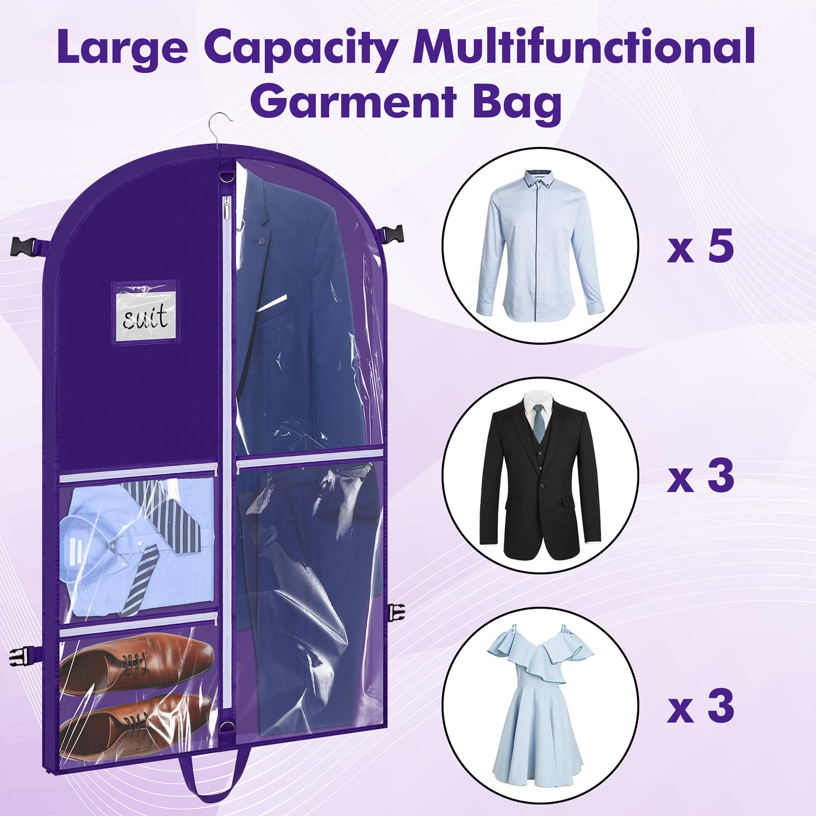 Housse Costume Pliable Pourpre 110×60 Cm – 5 Poches Transparentes, Imperméable Et Portable Pour Voyages