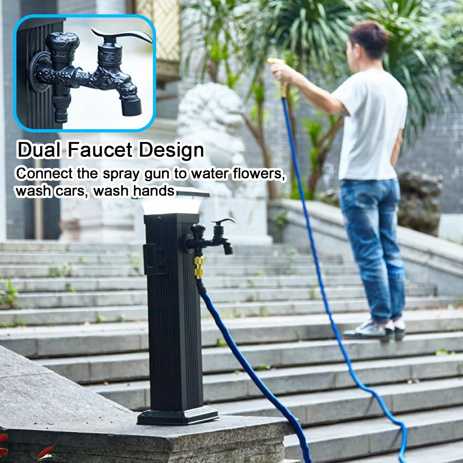 Solar-Powered Garden Water Column with Faucet & Spray Gun - 24" Aluminum Alloy Outdoor Water Feature for Irrigation & Garden Decoration - Eco-Friendly, Freestanding, Easy to Install