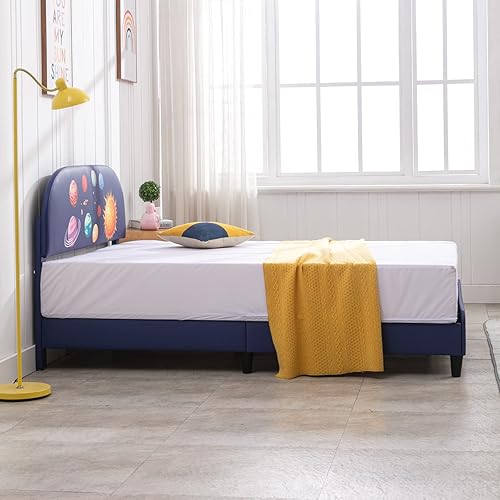 Miniatura 4 de Mjkone Marcos de cama de tamaño matrimonial para niños, plataforma tapizada de piel sintética con soporte de listones, no necesita somier, cama de