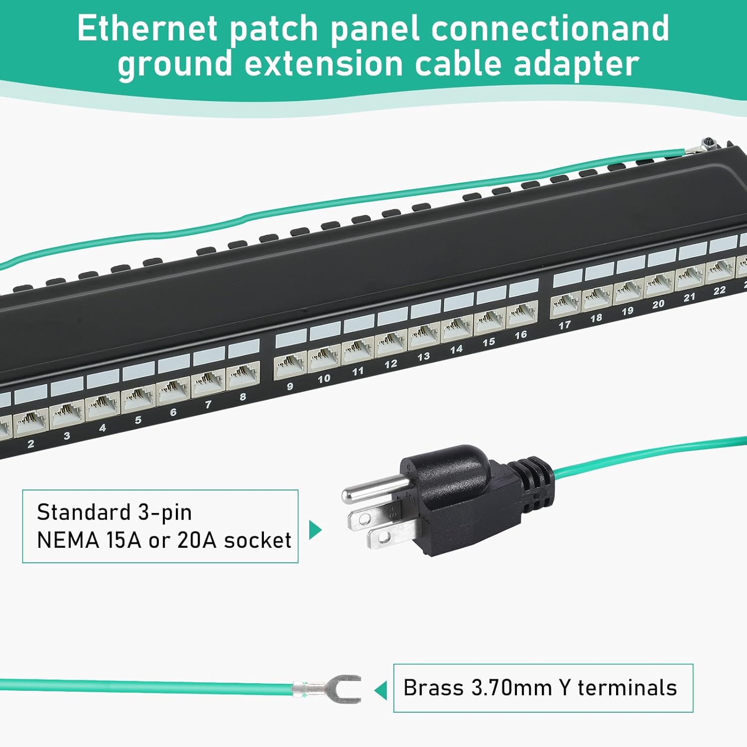 Shielded Ethernet Patch Panel Bond Ground Extension Cord,3 Prong Plug for NEMA 15A/20A, Ideal for Ethernet Bond & Ground Adapt