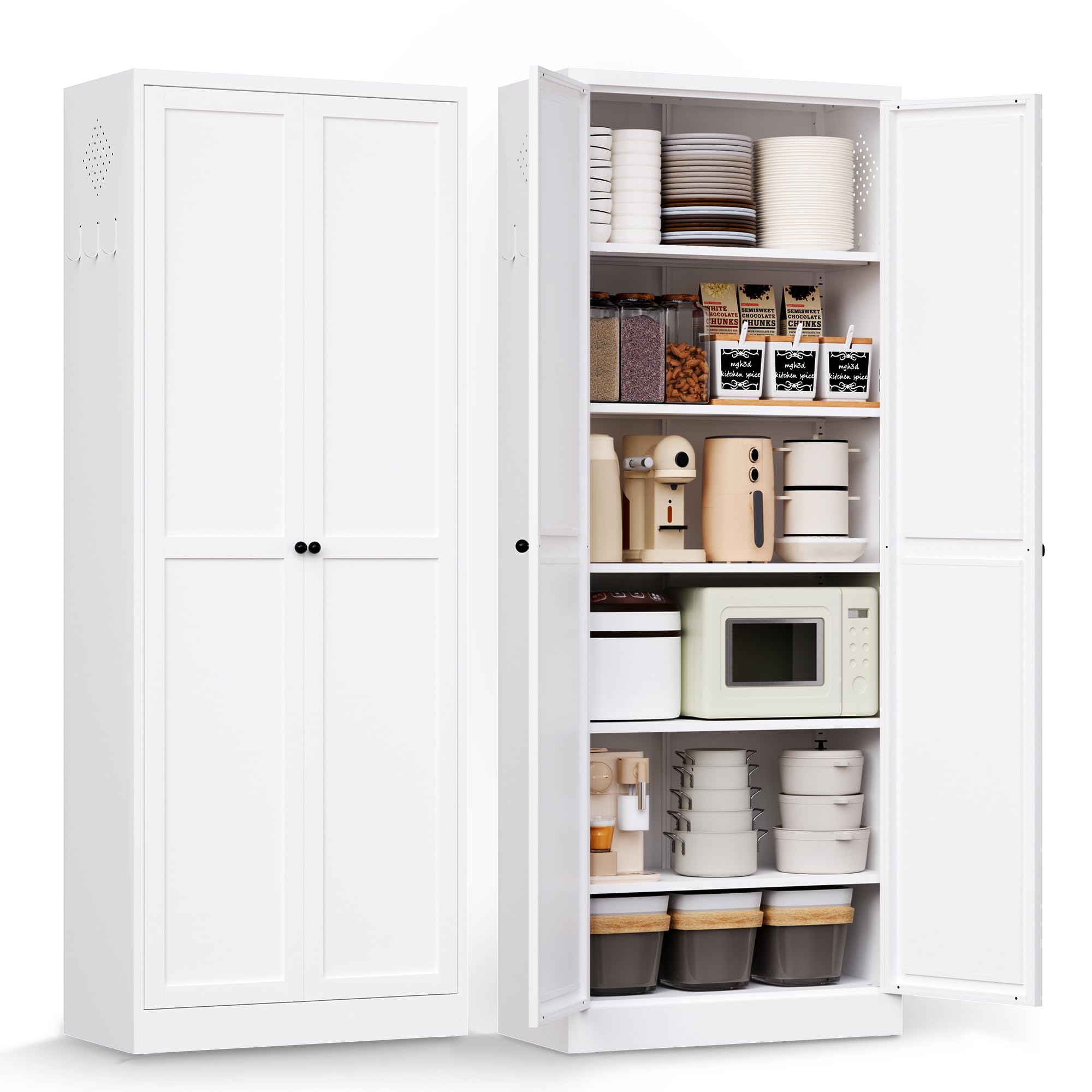 72" H White Metal Kicthen Pantry Storage Cabinet 6-Tier Cupboard