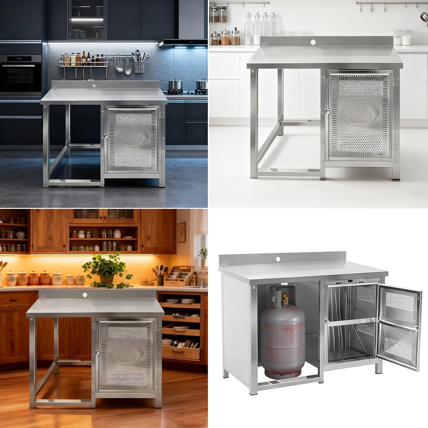 Workbench with Cabinet Stainless Steel Shelving Table Open Storage Bracket Single Cabinet Door Raised Splashback for Kitchen Food Prep Table Adjustable Feet Easy to Install(80x50x75cm-Left Platform)