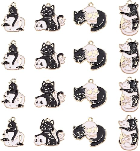 LiQunSweet 20 dijes de animales esmaltados con temática de Halloween, diseño de gato mágico negro con taza de café, calavera para manualidades,
