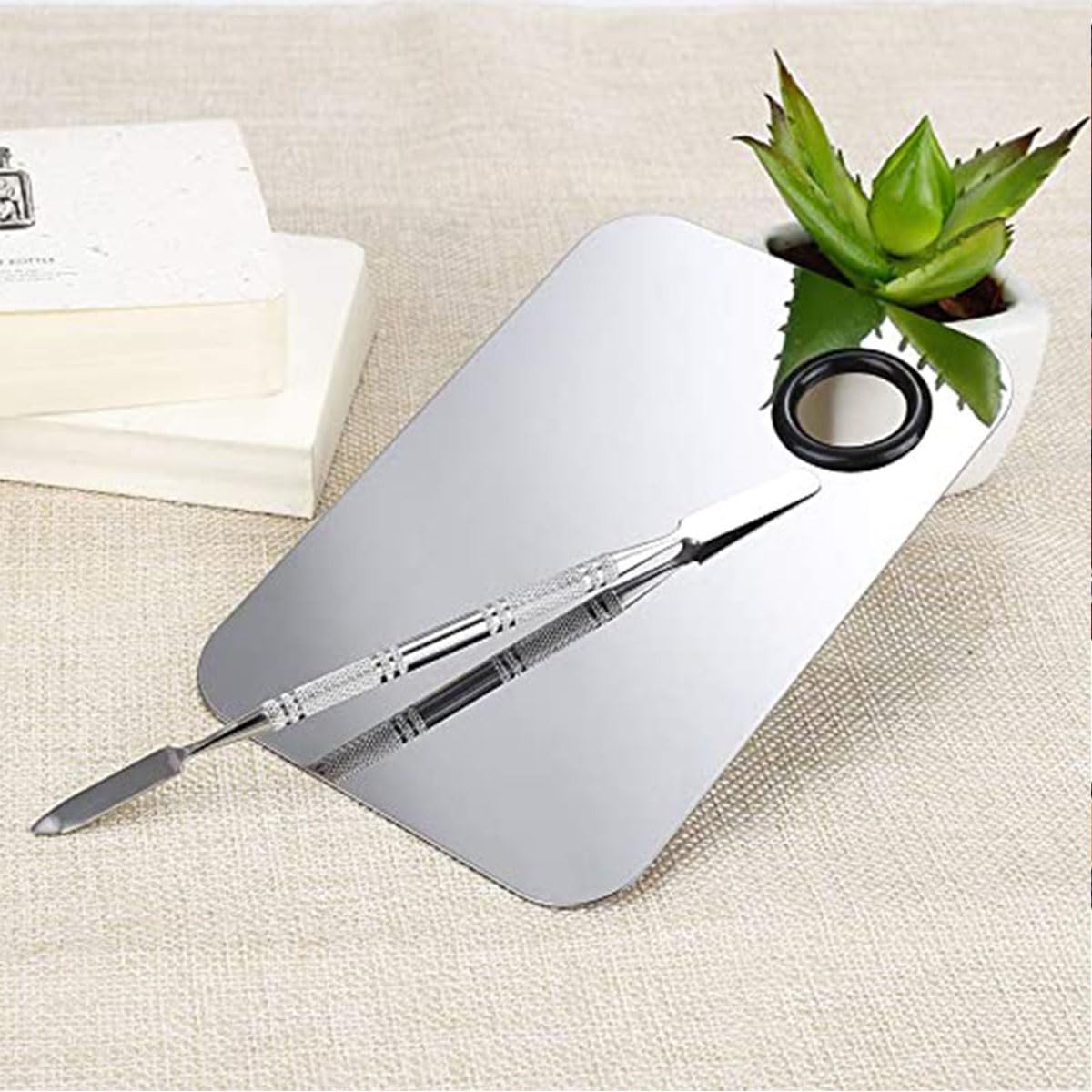 2 in 1 Makeup Cosmetic Mixing Palette, Stainless Steel Foundation Palette with Spatula for Mixing Foundation, Eye Shadow, Eyelash, Lipstick, Nail Art, Silver-image-19