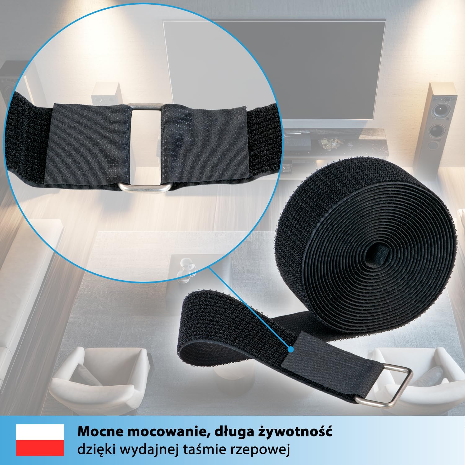valonic SPARROW – mocna taśma rzepowa, 5 m, 50 mm, w zestawie 10 metalowych pierścieni, czarna, do porządkowania kabli, zapięcie rzepowe