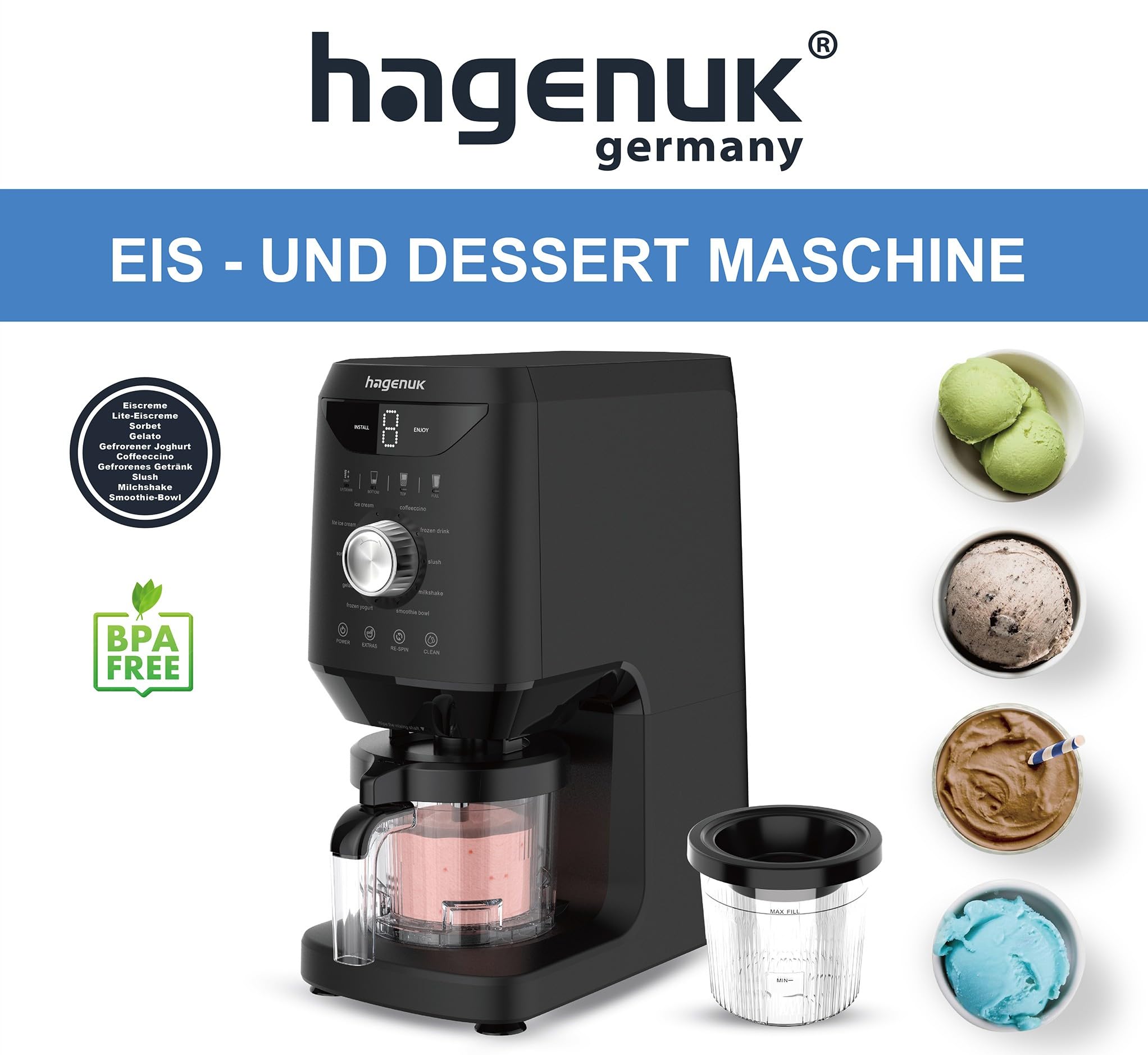 IceTwist Heladera, máquina de helados y granizado con 10 programas, heladera, sorbete, yogur congelado, granizado, batido y batido