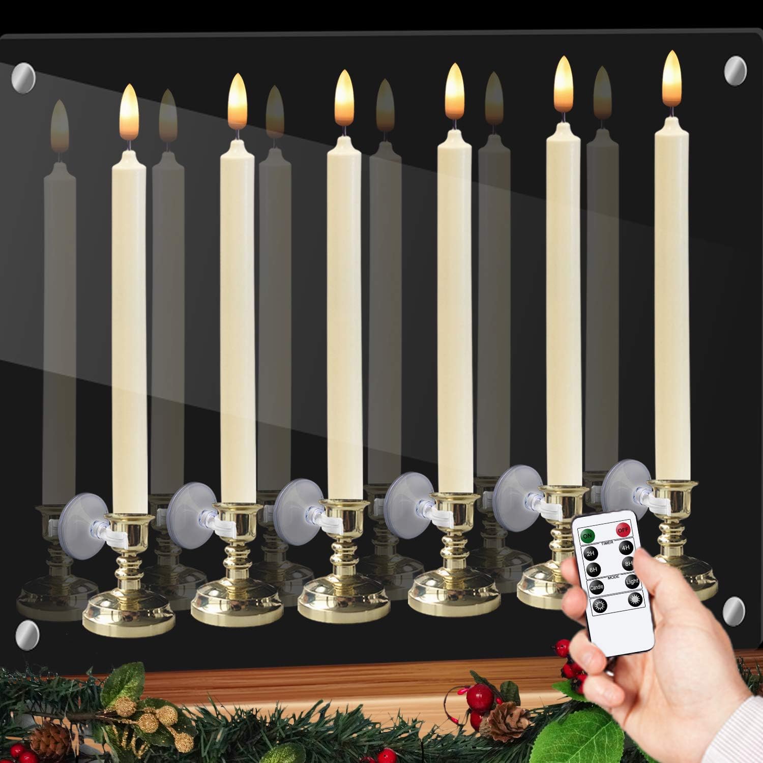 GenSwin Window Flameless Taper Candles with Remote & Timer, Battery Operated LED Candle Flickering Warm 3D Wick Light with Suction Cups, Set of 6 Real Wax Christmas Home Wedding Decor(Silver Holders)