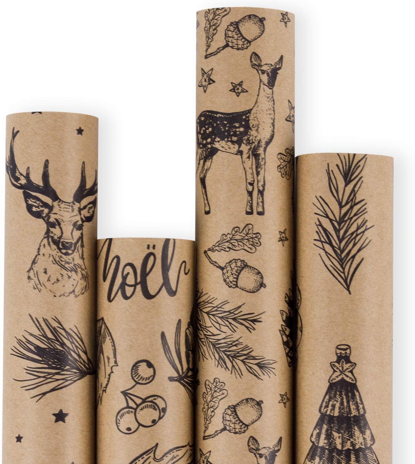 RUSPEPA Christmas Wrapping Paper - Brown Kraft Paper with Black Christmas Elements - 4 Rolls - 76cm X 305cm Each