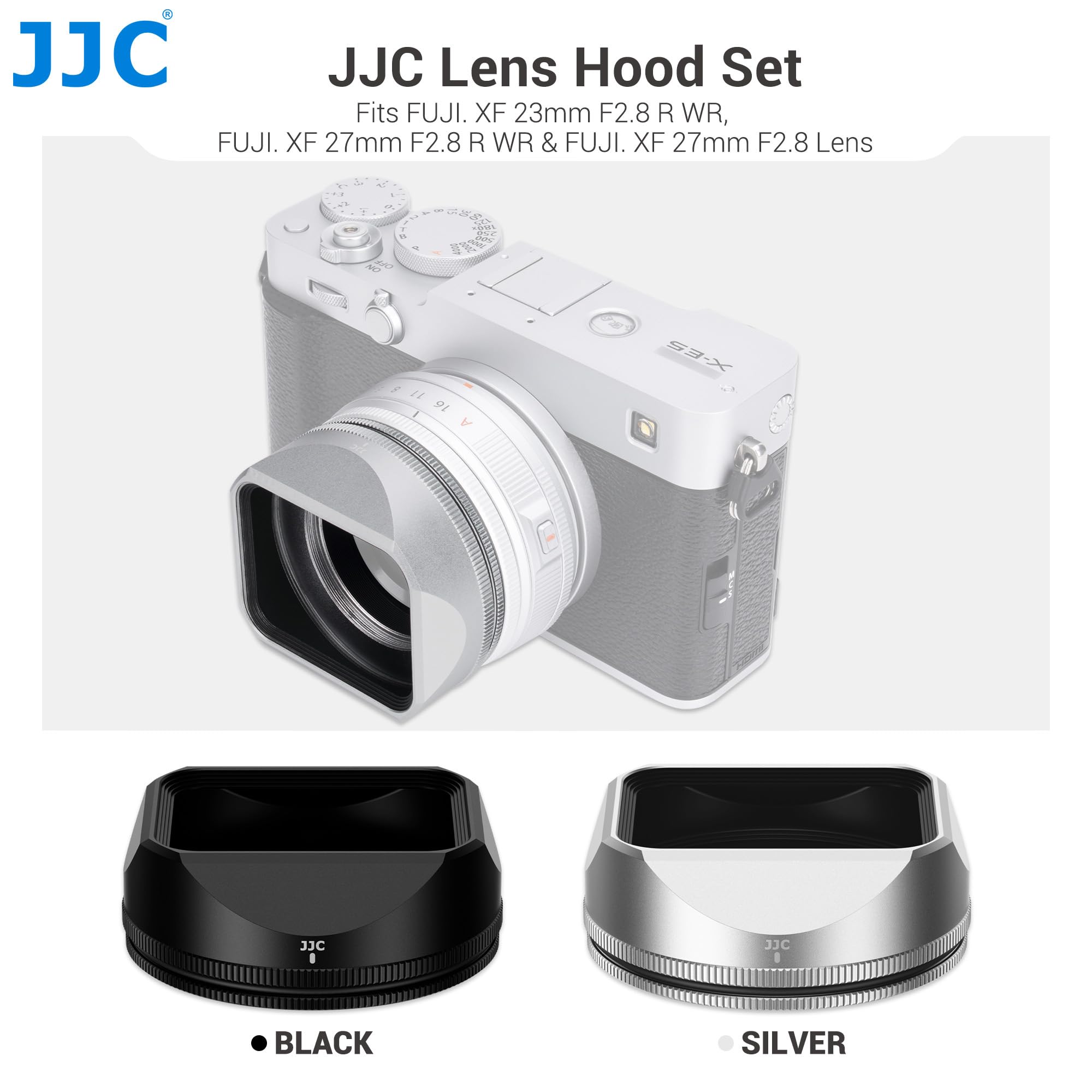 JJC Metall-Bajonett-Gegenlichtblende und -Kappe mit Adapterring, kompatibel mit Fujifilm X-E5 + XF 23 mm F2.8 R WR, XF 27 mm F2.8 R WR, XF27 mm F/2.8, passend für Ф39 mm Filter, ersetzt LH-XF27