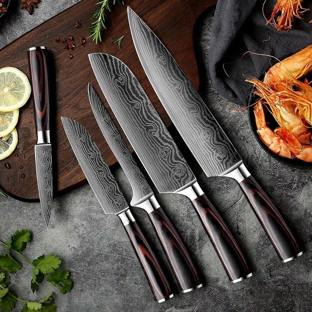 Juego de Cuchillos de Chef ZENG de 5 Piezas, Cuchillos de Cocina Alemanes Afilados Profesionales de AceroInoxidable con Mangos Ergonómicos de Madera de Pakka