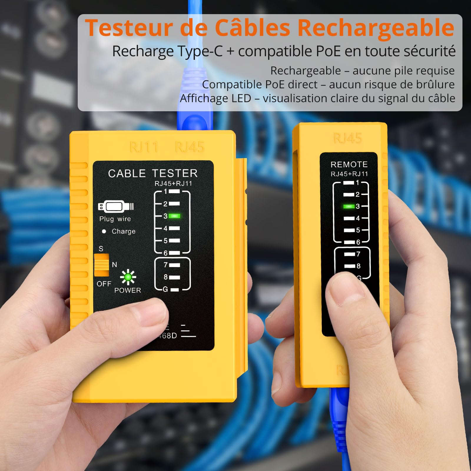 Proster Pince à Sertir RJ45 CAT7 Traversante – Outil de Sertissage Pass Through Ethernet 8P8C avec Testeur de Câble Rechargeable PoE, Connecteur Blindé CAT7/6 pour Installation Réseau et Téléphonique