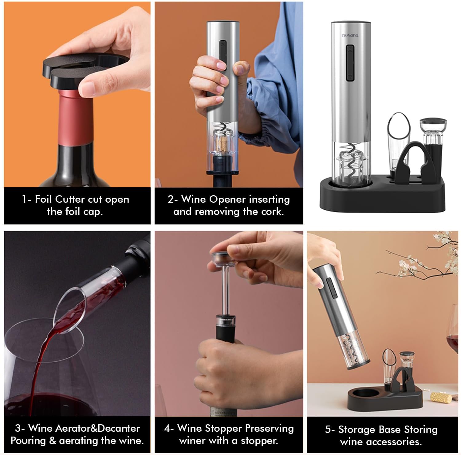 Novara Electric Wine Opener Set 4-in-1 | Rechargeable Corkscrew with Vacuum Stopper, Foil Cutter & Pourer | Automatic Bottle Opener Gift for Wine Lovers