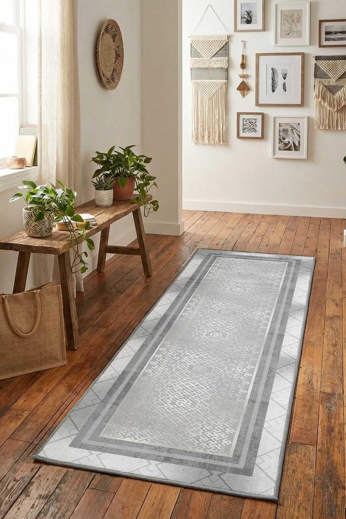 Monnhein Açık Gri Yolluk 1371-2 - Yıkanabilir, Kaymaz Taban, Dijital Baskılı, Leke Tutmaz, İnce Hav, Modern Koridor, Mutfak, Antre ve Salon için Dekoratif Yolluk