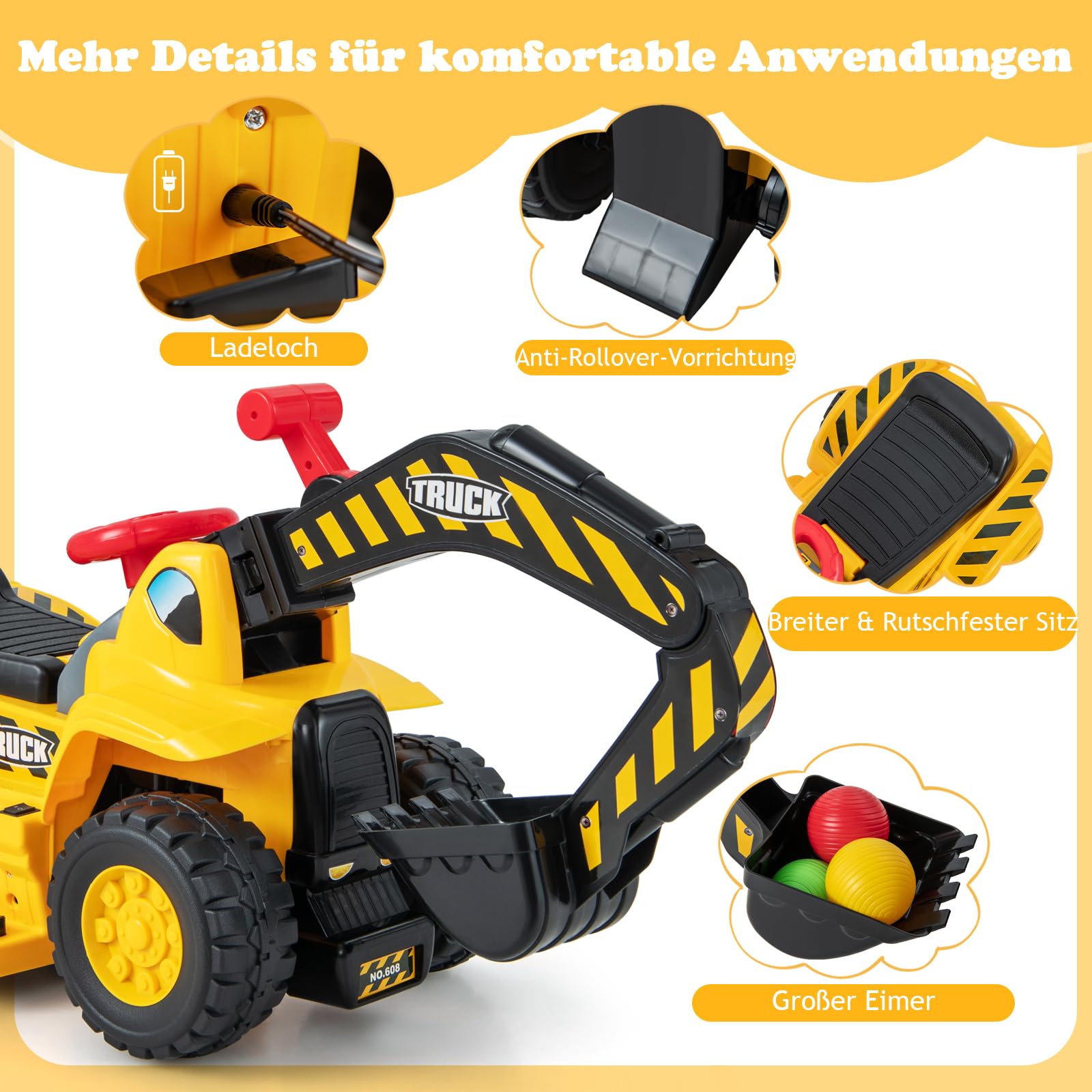 DREAMADE Bagger zum draufsitzen, Elektro Sitzbagger mit internem Stauraum, Kinderbagger mit Basketballkorb & Sound & Hupe & 3 Bällen, Sandbagger Aufsitzbagger für Kinder ab 2 Jahren