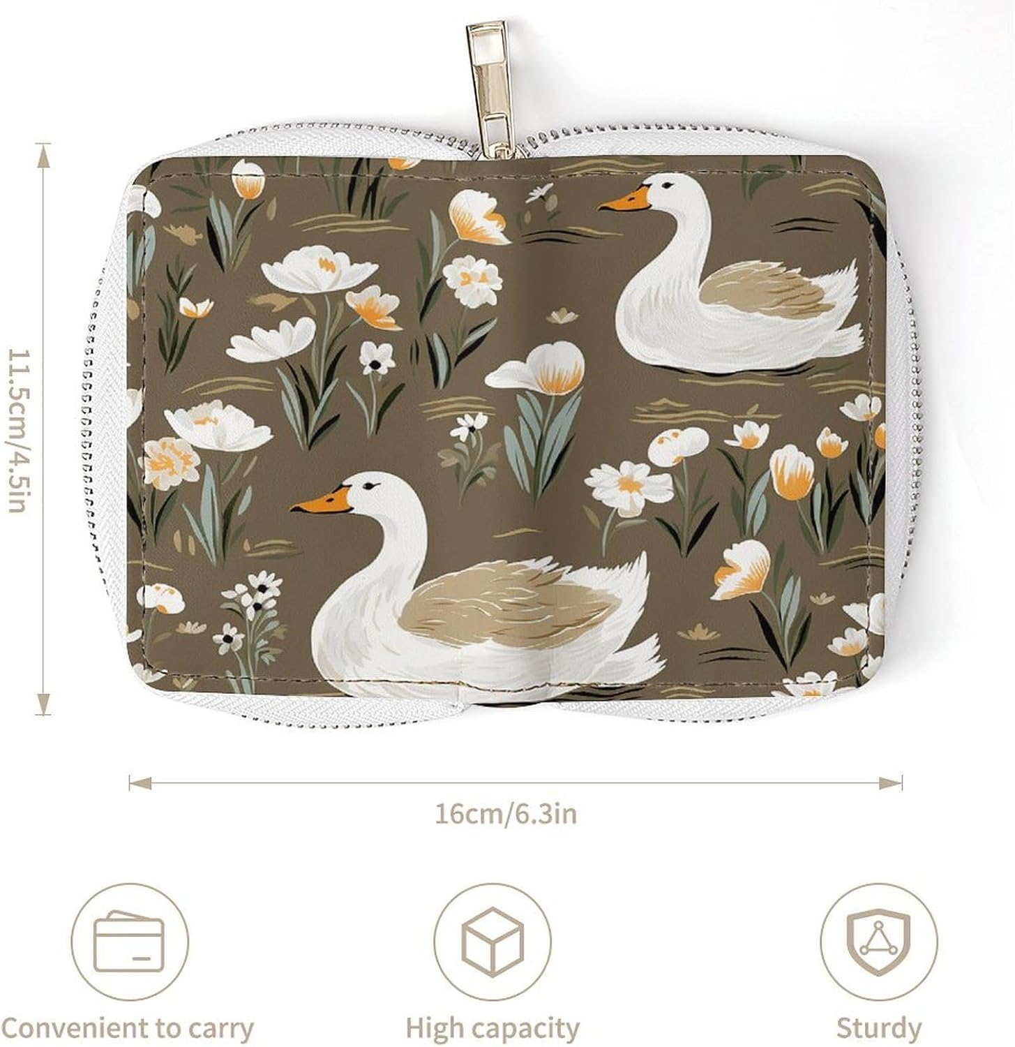 Leather Card Organizer Case Card Wallet Credit Card Holder Goose And Flowers Printed Zipper Card Cases Holder for Women Men