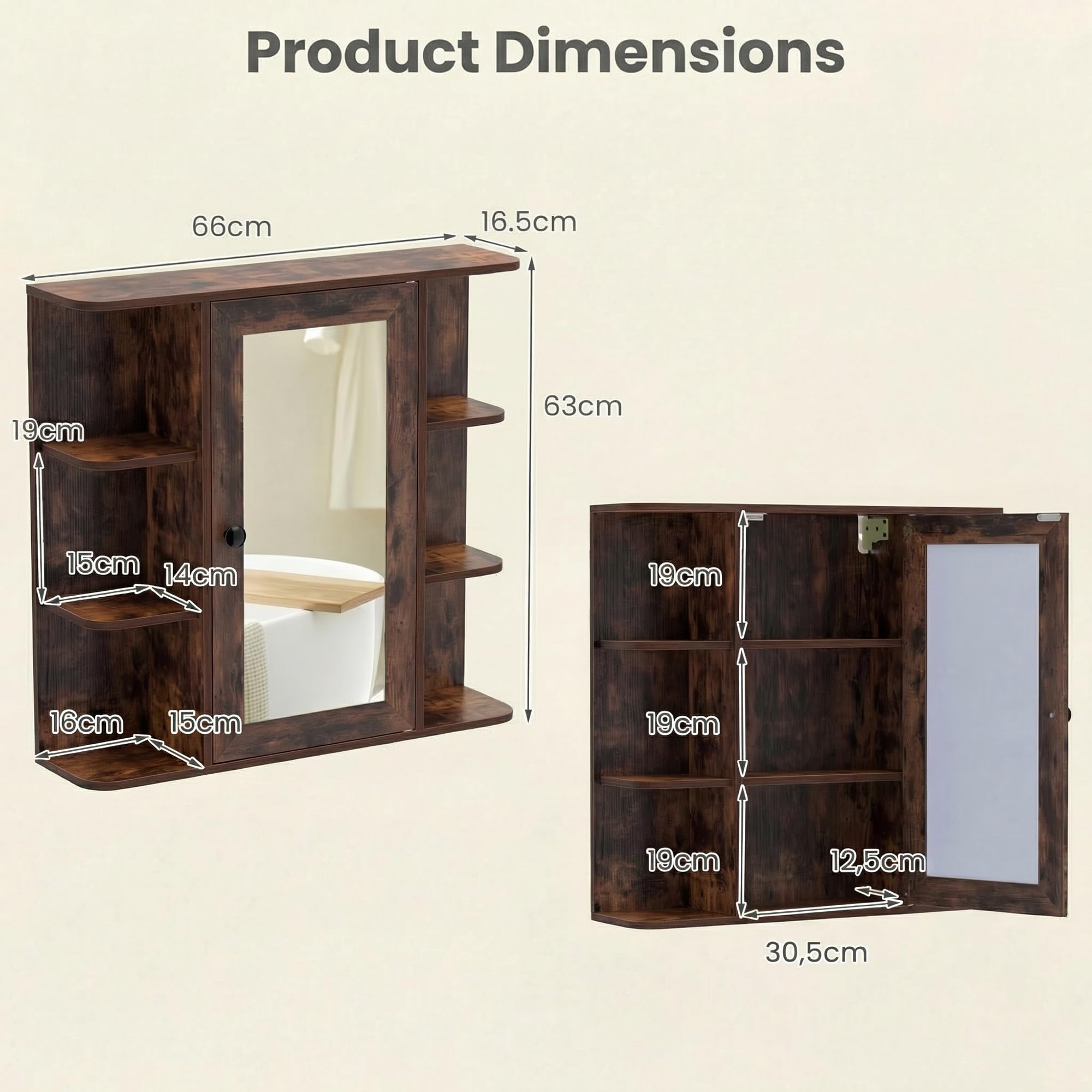 LIFEZEAL Specchio Bagno Contenitore, Mobile Bagno con Specchio con 6 Ripiani Aperti e 3 Chiusi, 1 Anta, Mobiletto Pensile Salvaspazio da Letto, per Soggiorno e Camera, 66 x 16,5 x 63 cm (Marrone)