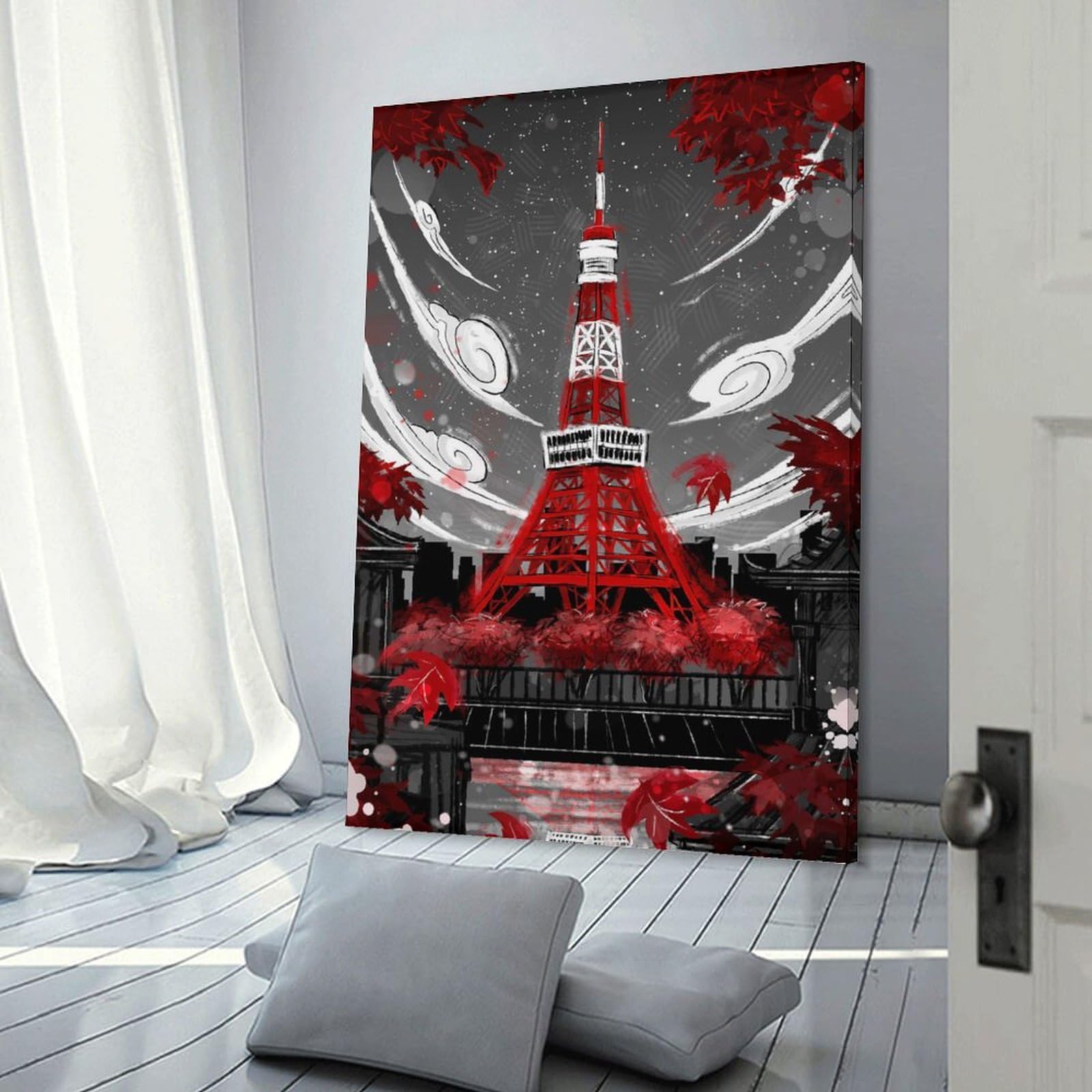 Tokyo Tower in Red And Gray Home Decor Wall Art, 24x36inch(60x90cm), for Living Room, Bedroom Or Home Office, Home Decor Gift with Stylish Appeal