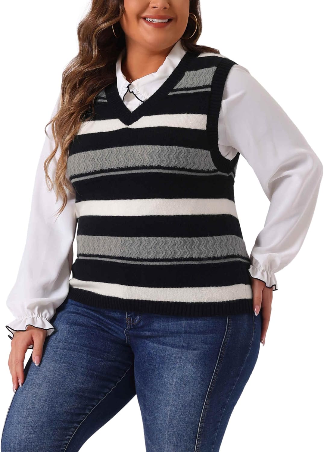 Agnes Orinda Plus Size Sweaters for Women Sleeveless V Neck Striped Knit Casual Pullover Sweater Vests