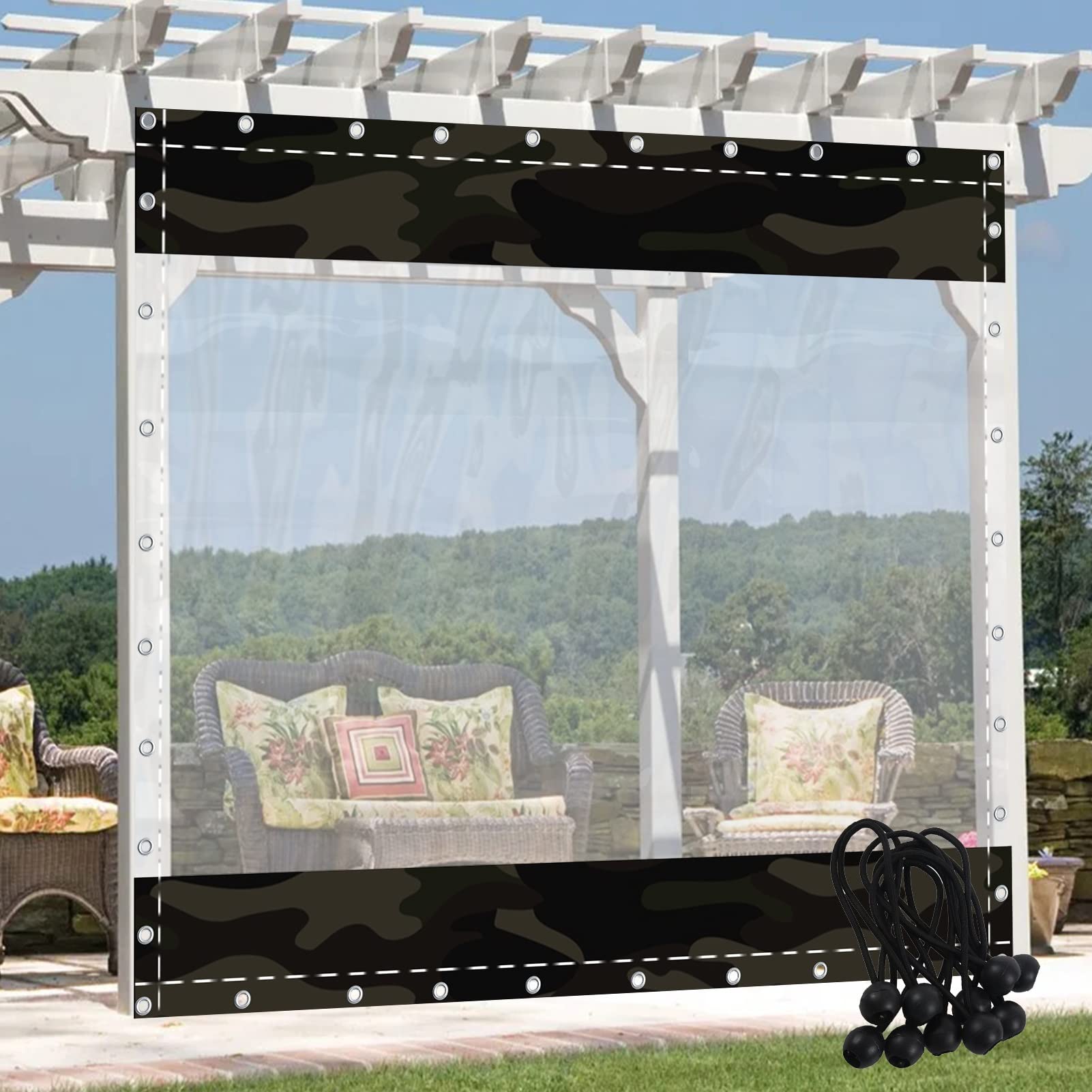 Rideau d'extérieur transparent imperméable en bâche 2,8 x 2,0 m avec œillets