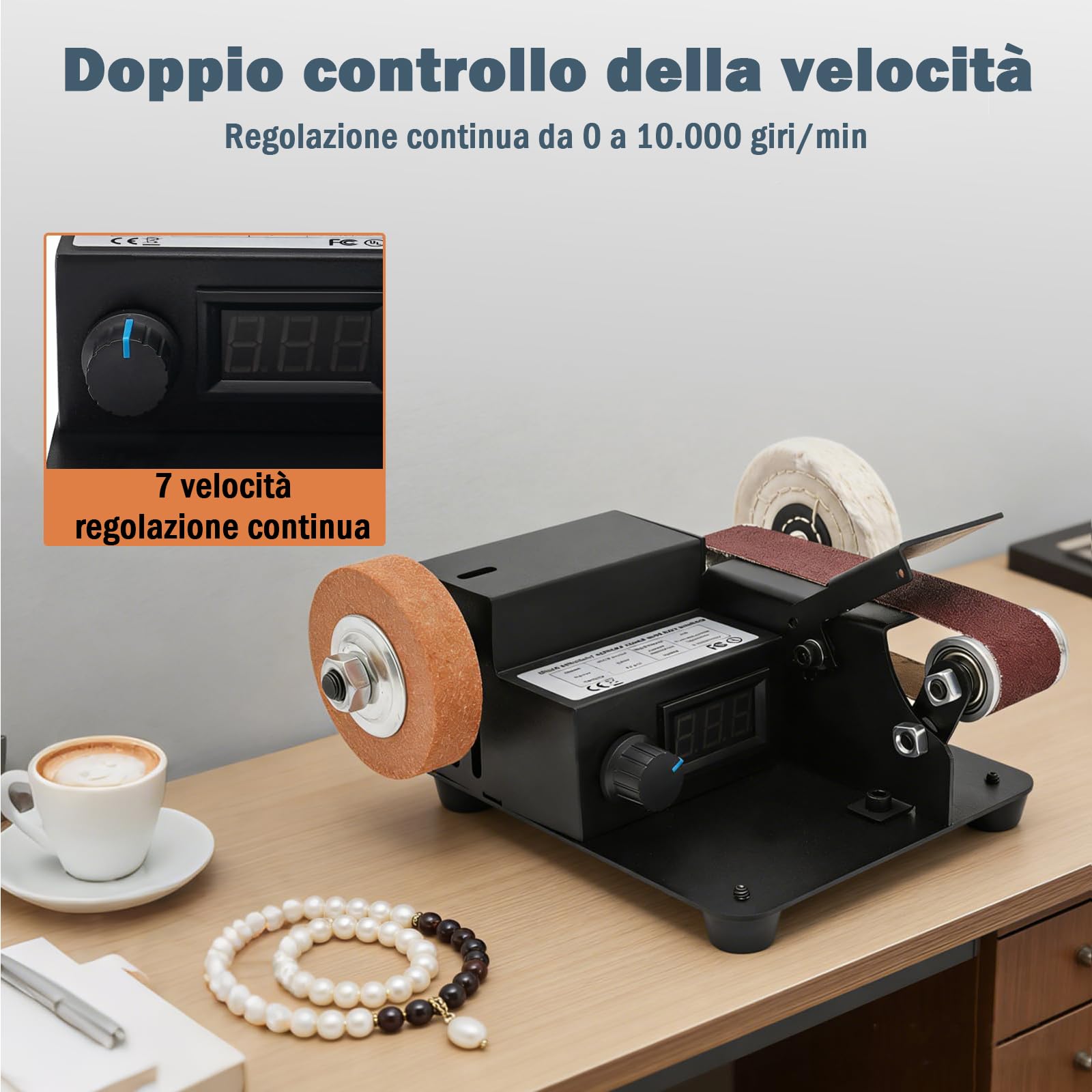 OUKANING Mini Band Sander 350 W Elettrico - Levigatrice a nastro per tavolo da 0-10000 RPM, 7 velocità di regolazione continua della velocità, con 10 nastri abrasivi, disco abrasivo e inserto per
