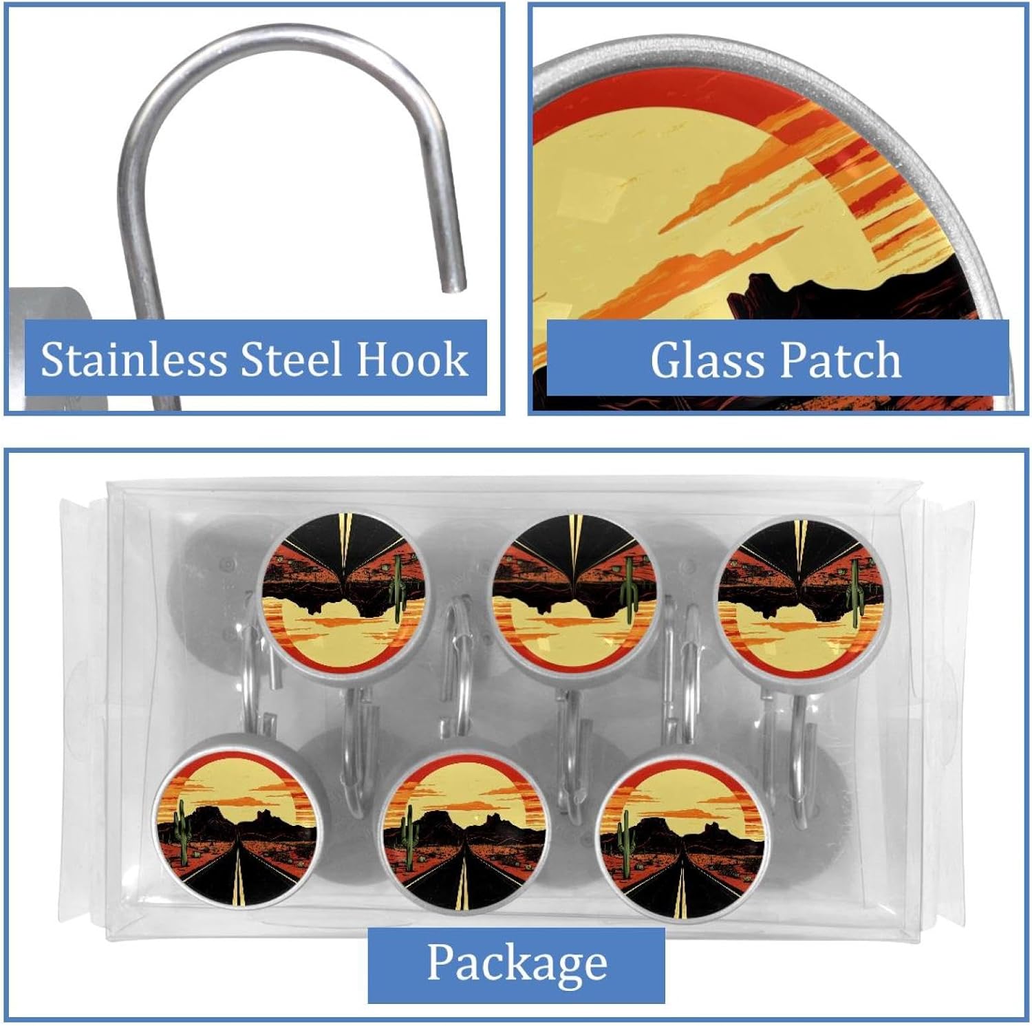 Desert State Graphic (1) Crystal Glass Shower Curtain Hooks Rings Decorative Bathroom Decor - Set of 12