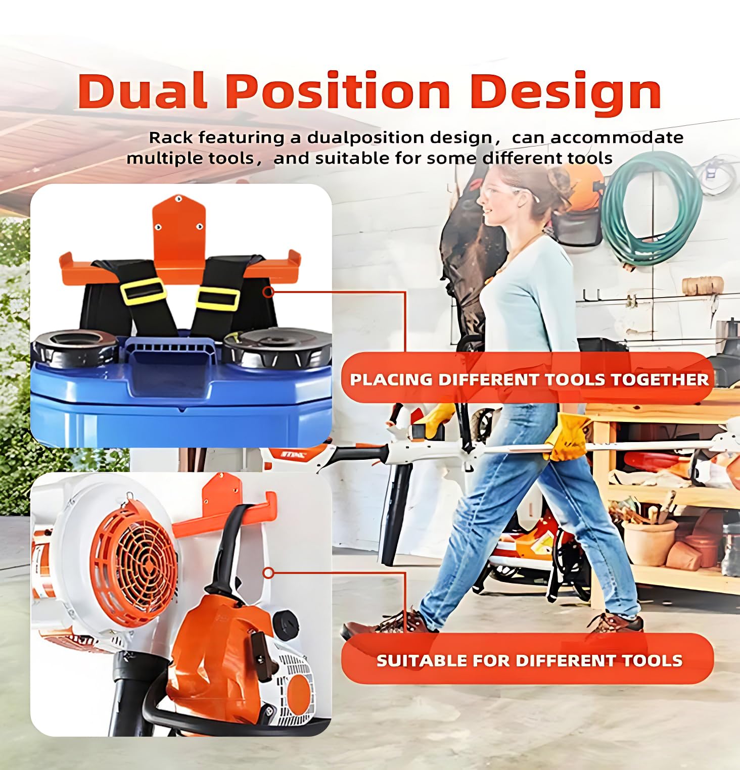 Ganchos de pared para garaje, 2 unidades, para mochila, soplador de hojas, con revestimiento de goma naranja, capacidad de carga máxima de 66 libras, soporte de pared para garaje, cobertizo