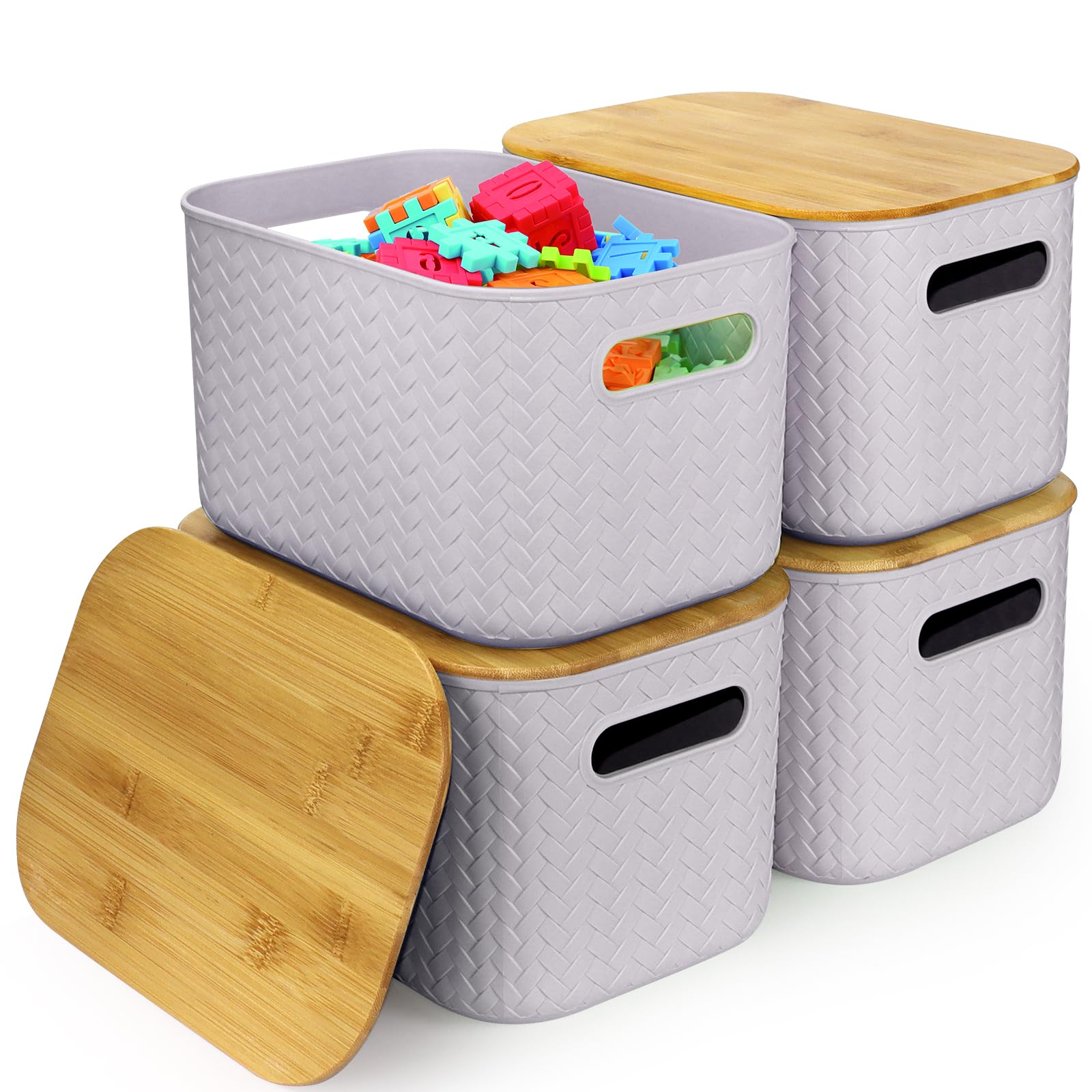 RWFMO 4 Pcs Plastic Storage Baskets with Bamboo Lid, Wicker Style Plastic Storage Boxes with Handle, Organiser Baskets with Lid, Multi-Colour Organiser Bins for Kitchen Bathroom Home Office (Purple) — image 1