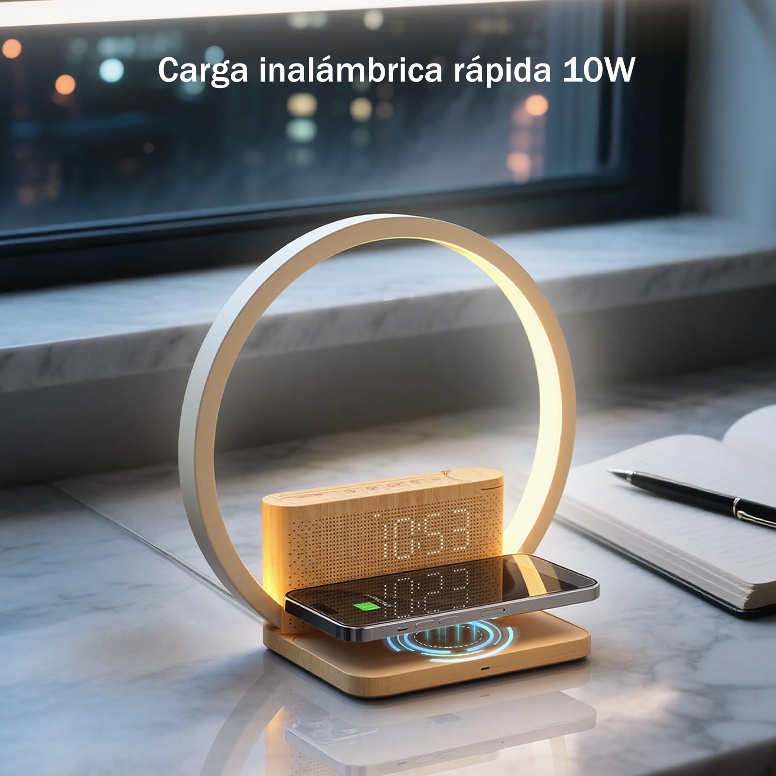 blonbar Lámpara de Mesita con Carga Inalámbrica y Despertador de Amanecer | Despertador con Luz,Regulador táctil 3 niveles de brillo,Sonidos Naturales,Snooze, apto para dormitorio y escritorio