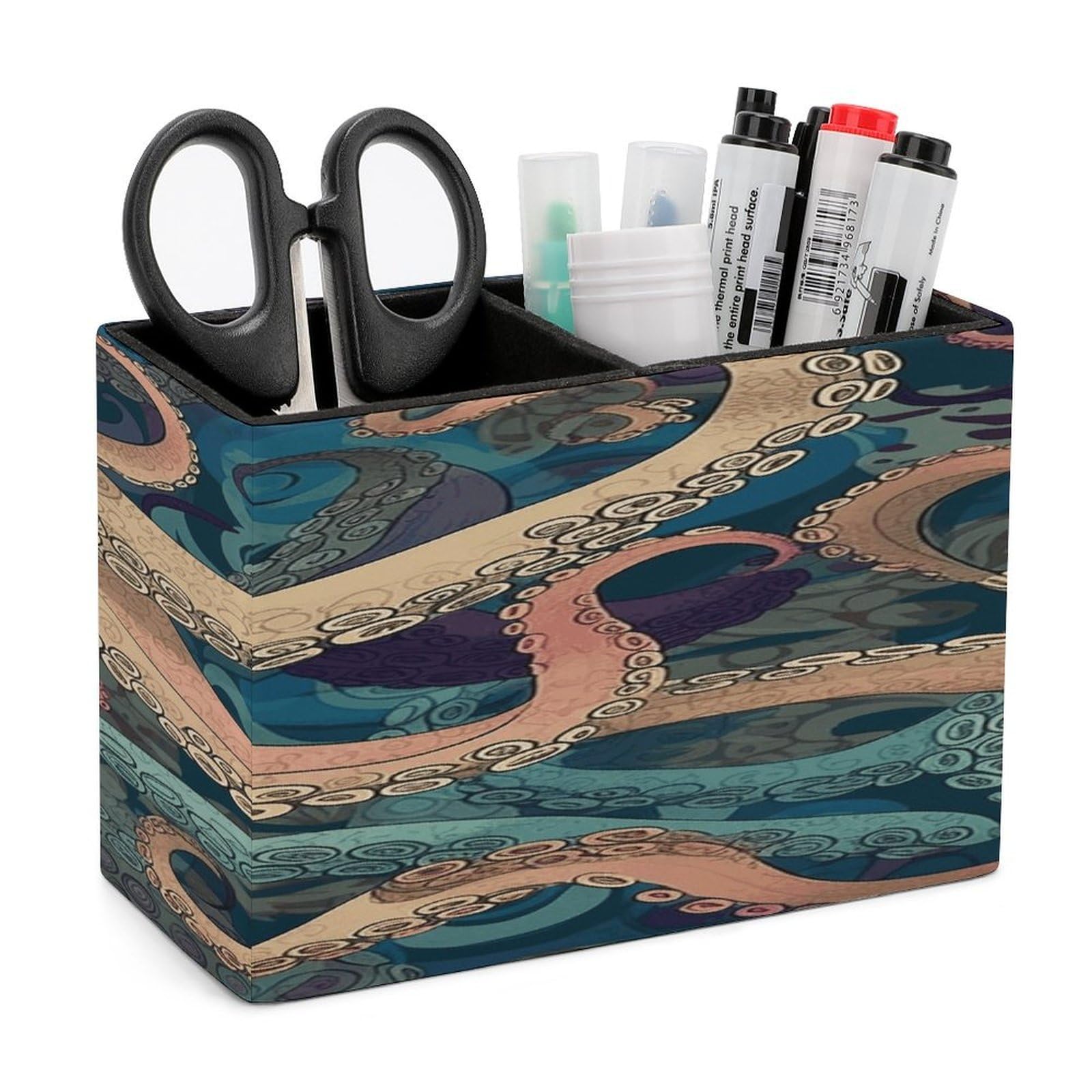 VstaDank Abstract Octopus Kraken Pen Holder Double Compartments Pen Cup Fashion Makeup Brush Holders Leather Pencil Holder for Work Locker Accessories Modern Pencil Cup for Desk Organizer