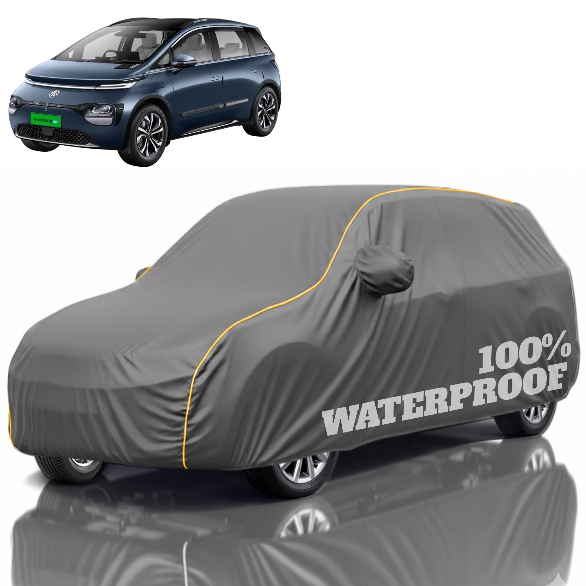 Premium Polyester Car Cover MG Windsor EV All-Weather Protection from Rain, Dust &amp; Sun | UV Resistant Fabric | Full Body Secure Fit for Outdoor &amp; Indoor Parking Grey
