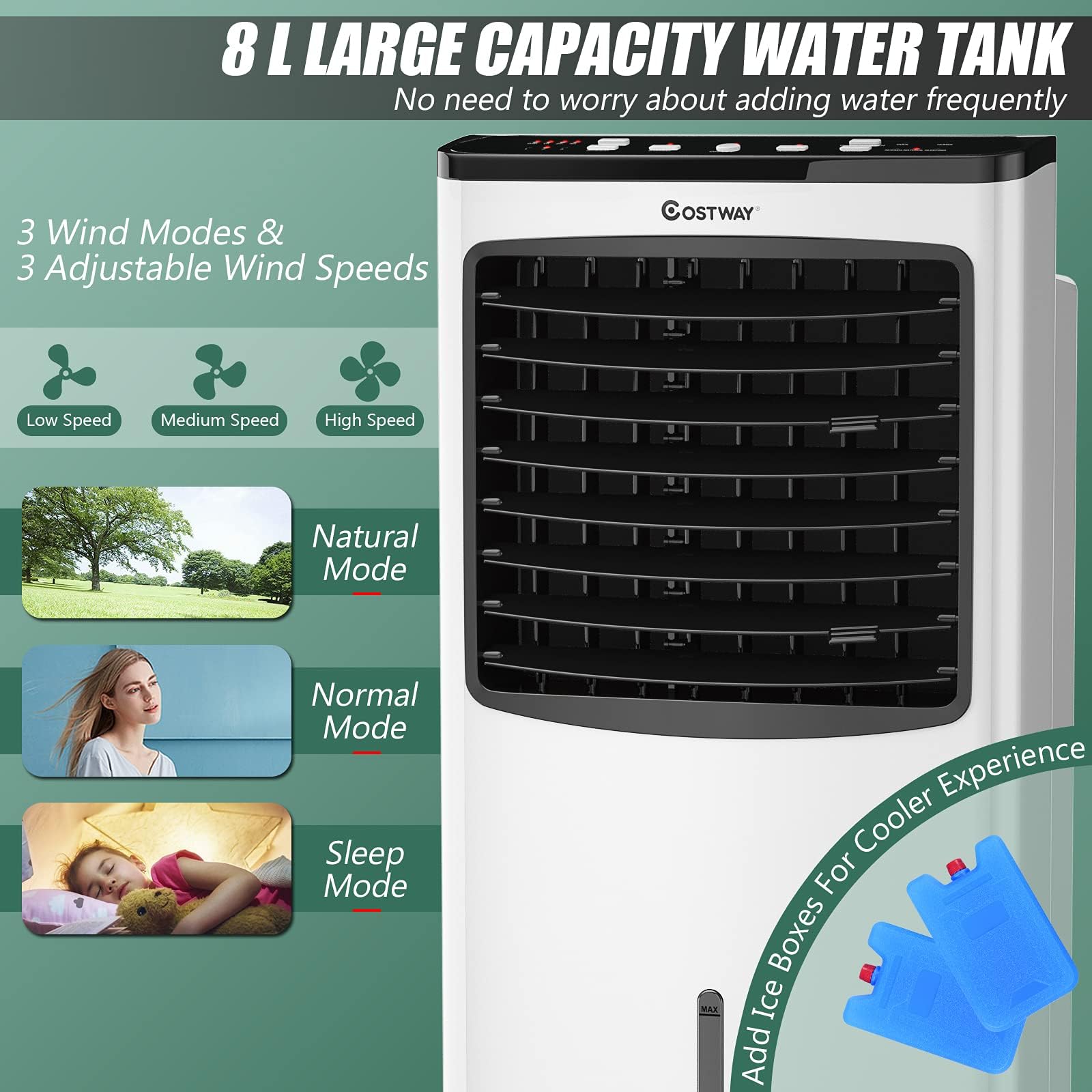 RELAX4LIFE 3 in 1 Ventilatore a Ghiaccio con Serbatoio Acqua 8L, 3 Modalità e 3 Velocità, Raffreddamento, Ventilatore, Deumidificazione