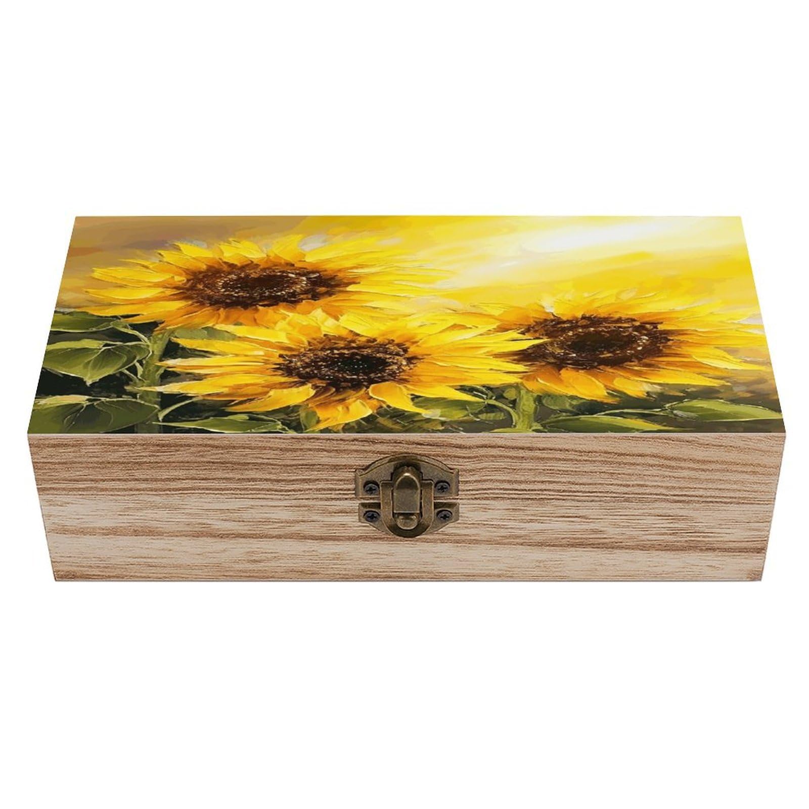 VstaDank Yellow Sunflowers Wooden Keepsake Box with Hinged Lid Solid Wood Gift Boxes Beautifully Keepsake Box Jewellery Organiser Retro Memory Treasure Case with Lids Decorative Boxes