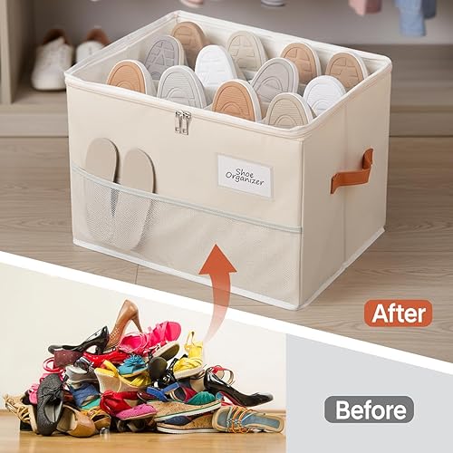 Miniatura 3 de Organizador de zapatos para armario, contenedores de almacenamiento plegables con cubierta transparente, cremallera suave, asas reforzadas y soporte