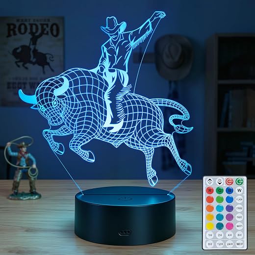 Bull Riding Night Lights, Bull Riding Gifts, Rodeo Decor | 16 Colors Dimmable Timer 3D Illusion Lamp, Rodeo Rider Matador Cowboy Room Decoration for Boys Men Birthday Christmas