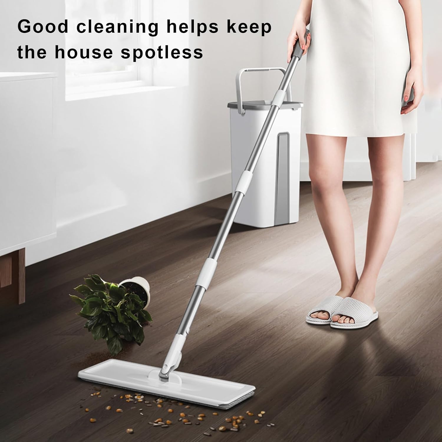 White Microfiber Flat Mop and Bucket Set for Wet and Dry Use