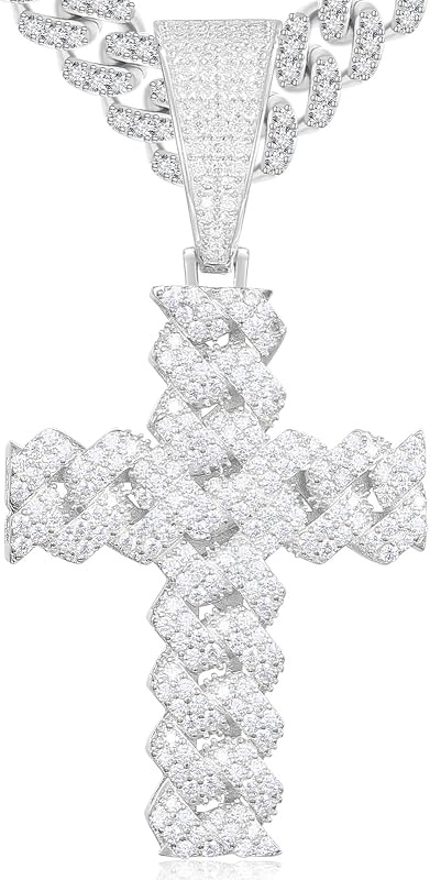 Ucciyo Moissanite Cross Necklace 2.7 Carat Iced Out Moissanite Cross Pendant 925 Sterling Silver Cross Chain Necklace D Color VVS1 18k Gold Plated Christian Pendant