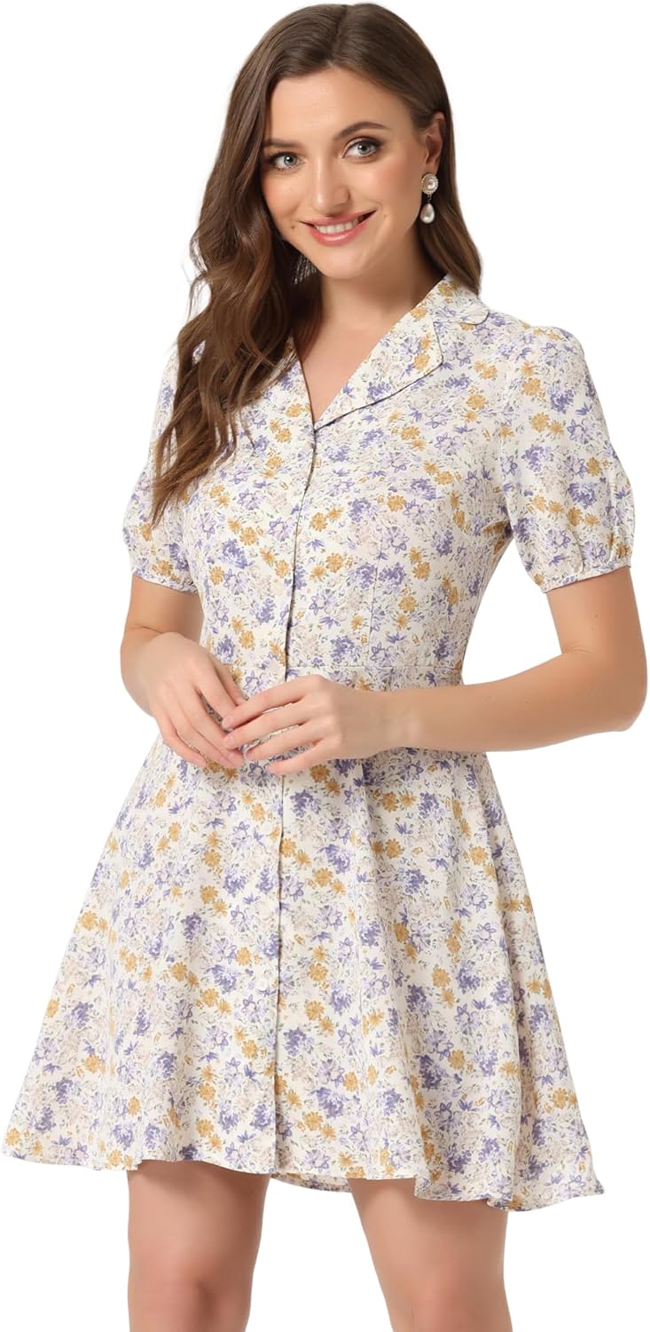 Allegra K Women's Button Up Short Sleeve A-Line Chiffon Vintage Floral Shirt Dress