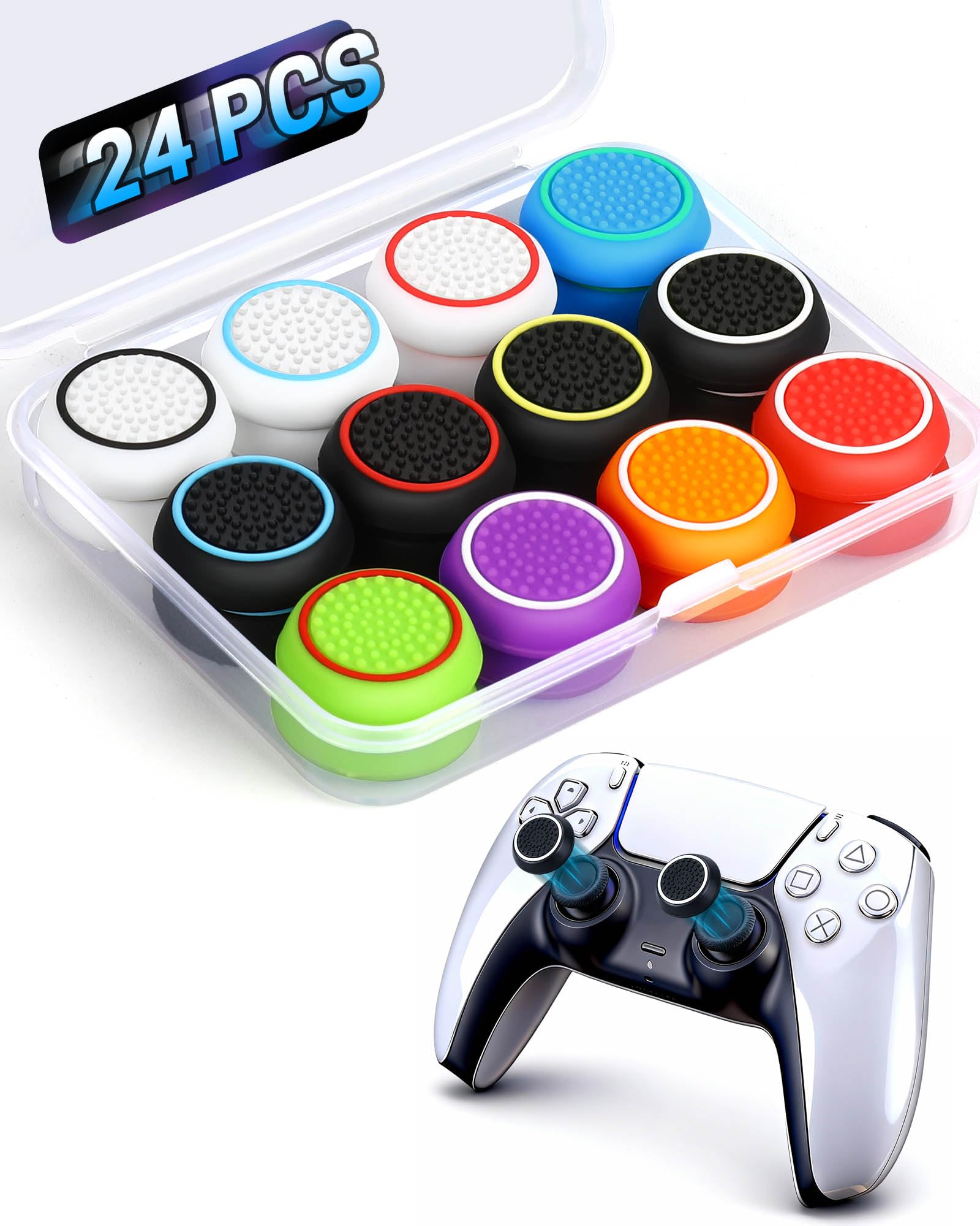 24 PCS Premium Silicone Thumb Grips for PS4 PS5 Xbox Controller Rainbow Non-Slip Joystick Caps Thumbstick Grips Ultimate