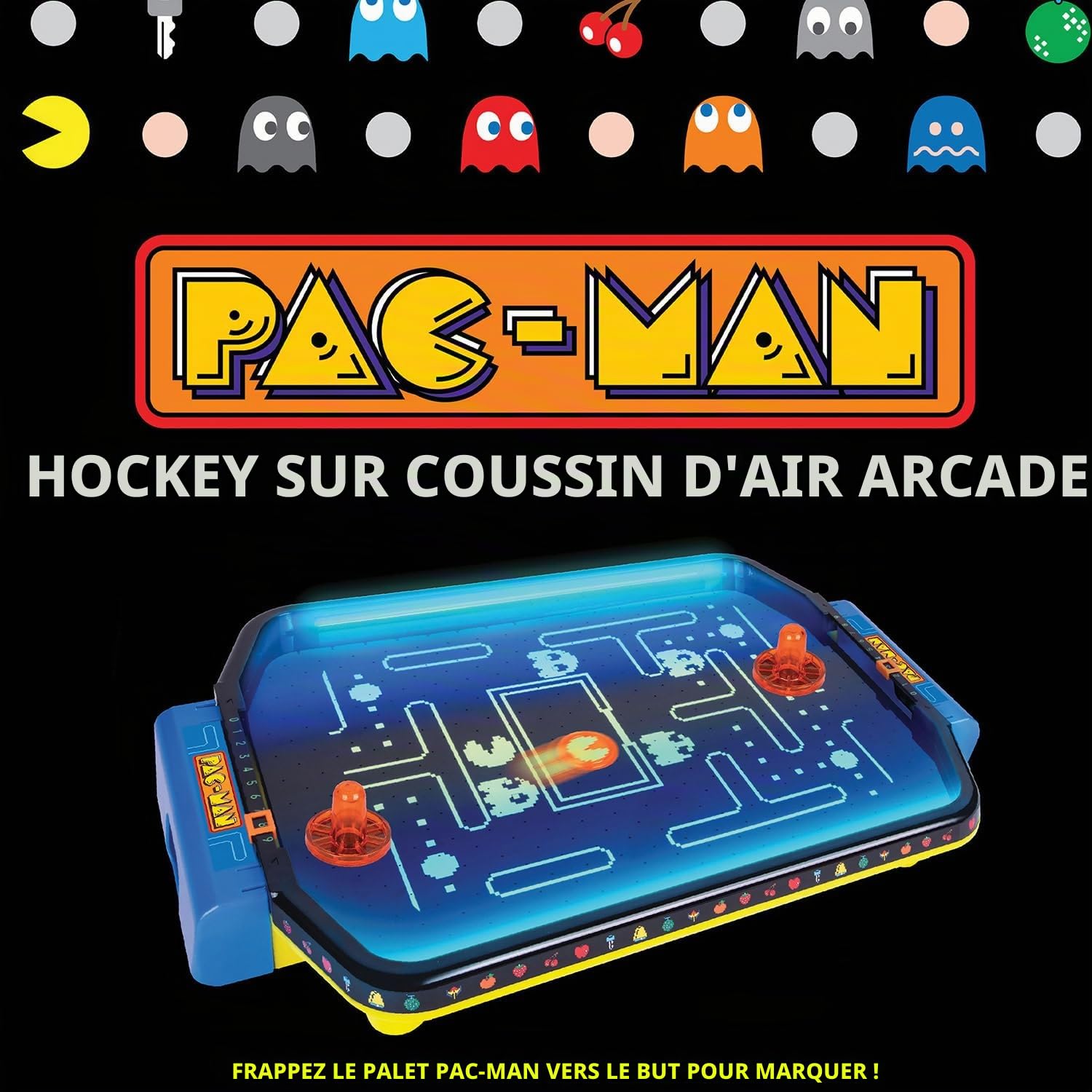 Pac-Man : Arcade Air Hockey – Série Premium, Jeu de table phosphorescent, coussin d'air motorisé, couleurs fluo, licence, adultes et enfants à partir de 6 ans, 2 joueurs
