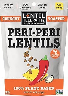 Lentil Telepathy Crunchy Toasted Snacks - Healthy Low Calorie Snacks, 100% Plant-Based Gluten Free Ready to Eat Straight from the Bag, Non-GMO, 4 Ounce Bags (1 Pack, Peri-Peri Chili Lemon)