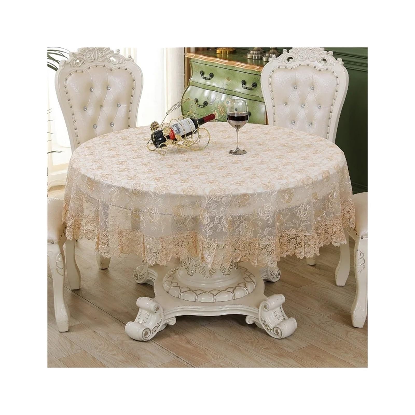 SHENJMAI Vintage Lace Table Table Cloth Beige Round Cover Embroidered Tablecloth Romantic Lace Hollow Transparent Rose Flower Glass Yarn(Diameter 150cm Round)